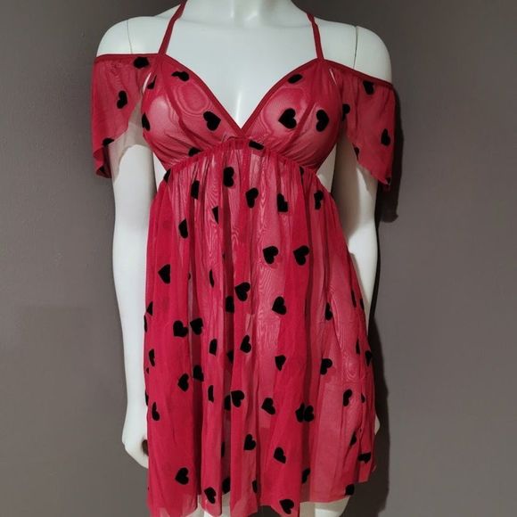 Heart Print Ruffle Mesh Slip Lingerie - Picture 2 of 7